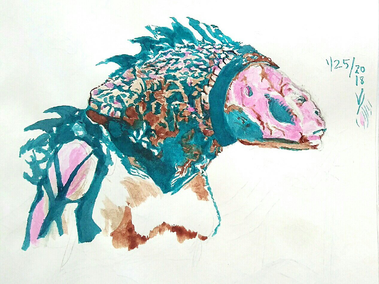 Pennoch, a Scarran guard from Farscape. Magenta, teal, and brown India ink. Sci-Fi SyFy Henson creature lower-caste