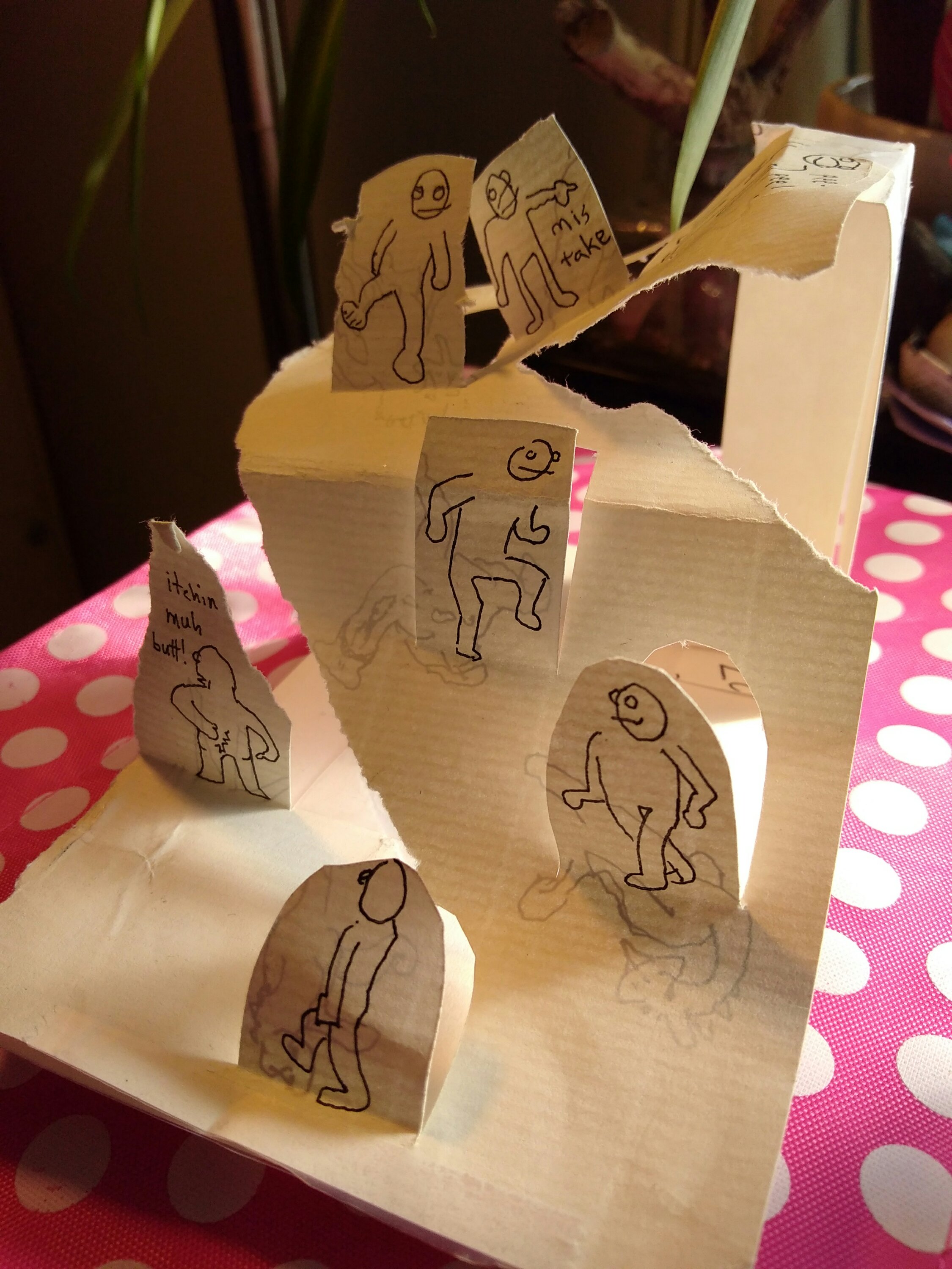 Nude dude descening staircase itching butt cutout paper arts